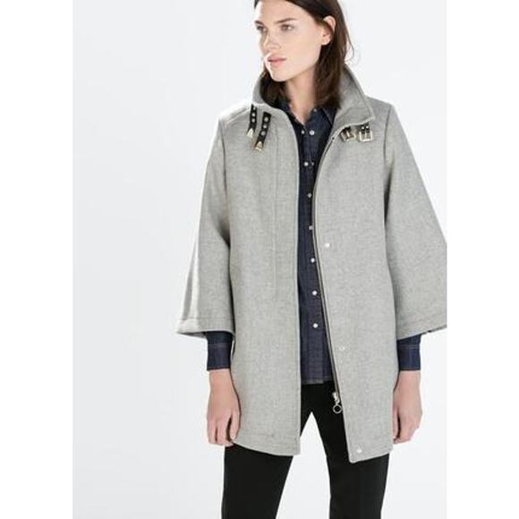 ZARA Wool Blend Cape Coat Buckle Poncho Jacket Funnel Neck Gray - Picture 2 of 13